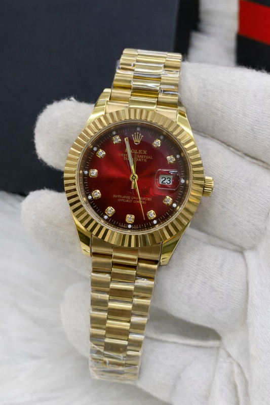 Full Gold & Red Dial  Watch Date Style Watch – Elegant Diamond Markers & Stainless Steel Band