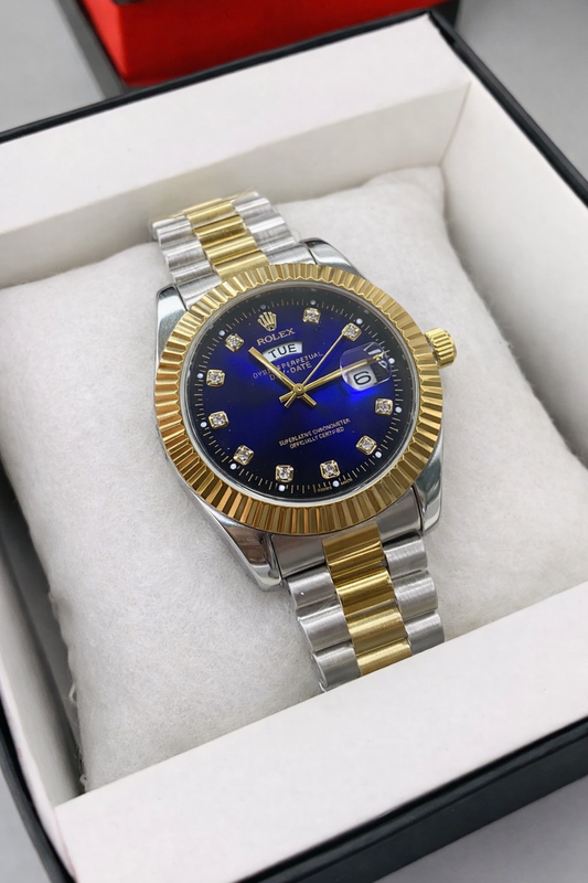 Luxury Blue  Dial Watch Date Style Watch – Elegant Diamond Markers & Stainless Steel Band