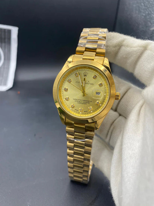 Luxury Full Gold Dial Watch Date Style Watch – Elegant Diamond Markers & Stainless Steel Band