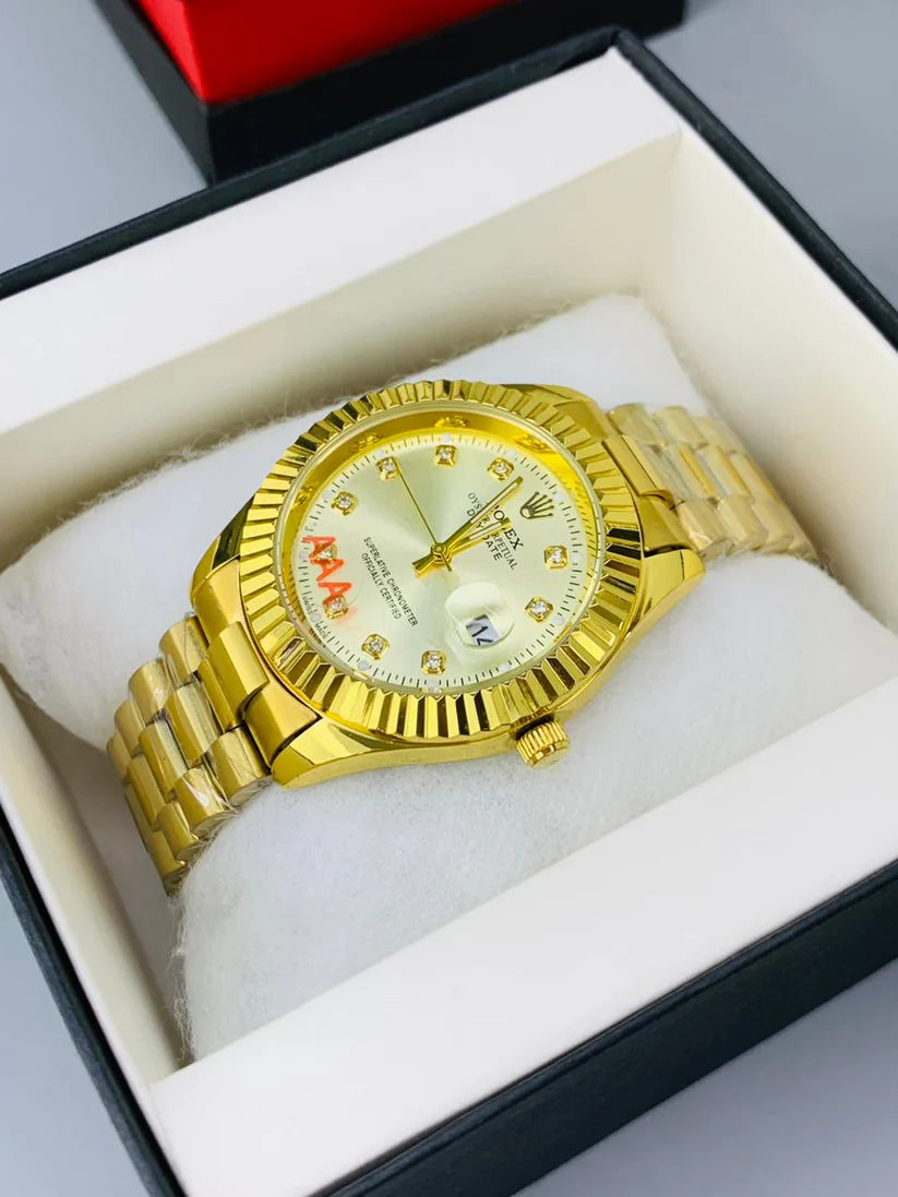 Luxury Full Gold Watch Date Style Watch – Elegant Diamond Markers & Stainless Steel Band