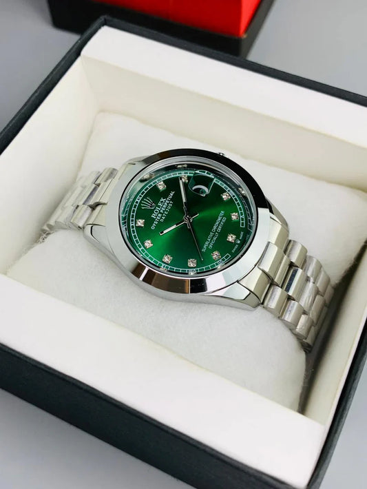 Luxury Green & Black Dial Watch Date Style Watch – Elegant Diamond Markers & Stainless Steel Band