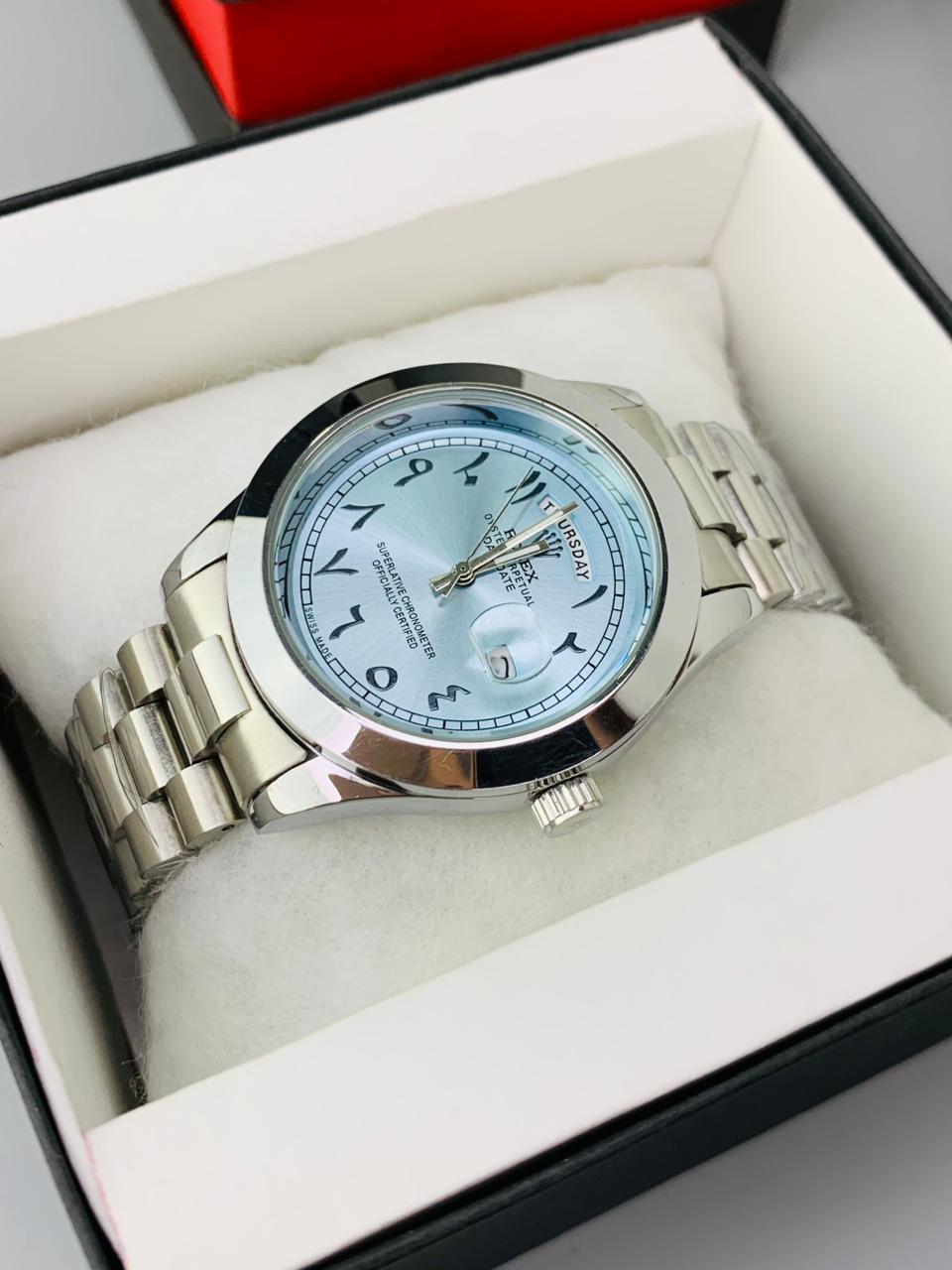 Blue  Arbic Dial Watch Date Style Watch – Elegant Diamond Markers & Stainless Steel Band