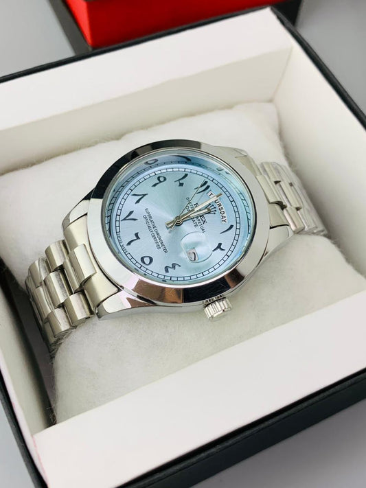 Blue  Arbic Dial Watch Date Style Watch – Elegant Diamond Markers & Stainless Steel Band