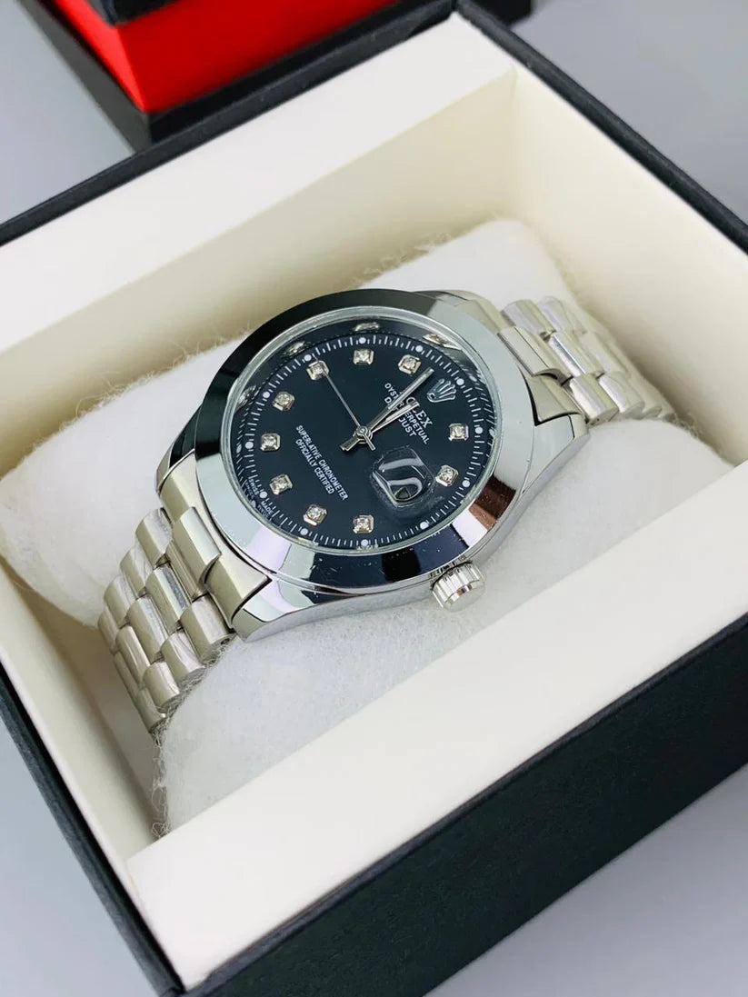 Luxury Green & Black Dial Watch Date Style Watch – Elegant Diamond Markers & Stainless Steel Band