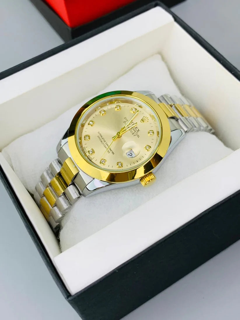 Luxury Gold Dial Watch Date Style Watch – Elegant Diamond Markers & Stainless Steel Band